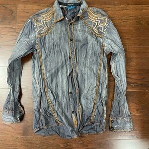 Roar Button Up L Shirt Men Cross Wings Embellished Black Orange Rock Grunge